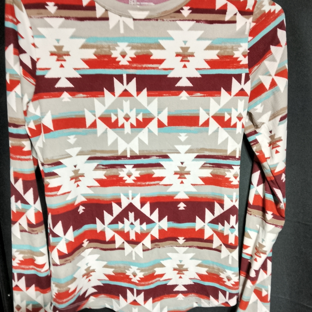 No Boundaries Long Sleeve Tribal Print Tee in Red, White, Tan, Aqua